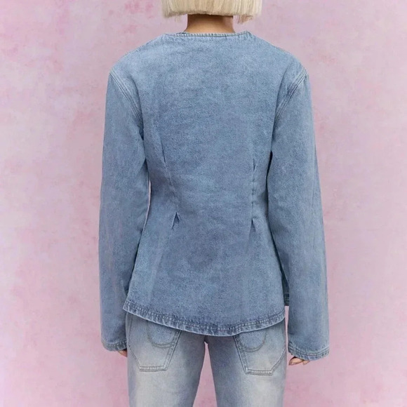 Blue Casual Women's Buttoned Round Collar Long Loose Sleeves Denim Jacket - Picture 2 of 4